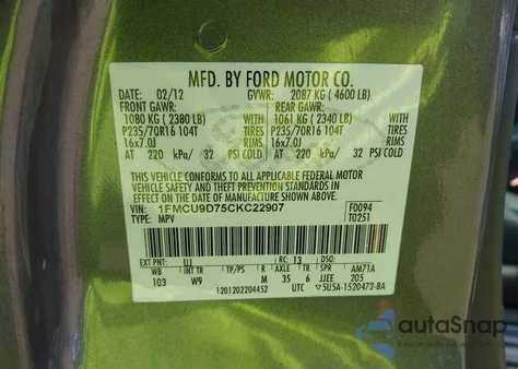 2012 Ford Escape Xlt from USA, damaged, VIN 1FMCU9D75CKC22907